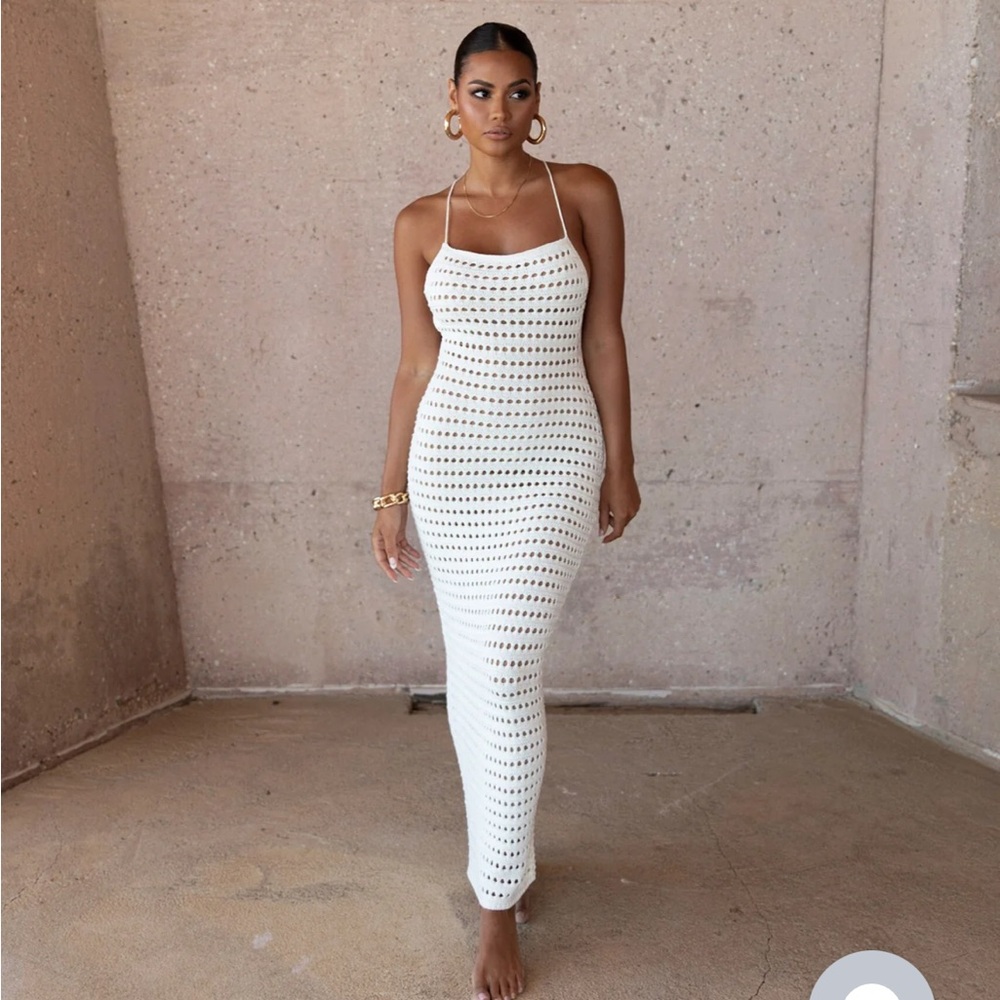 JLUXLABEL White Crochet Knit Bodycon Maxi Dress